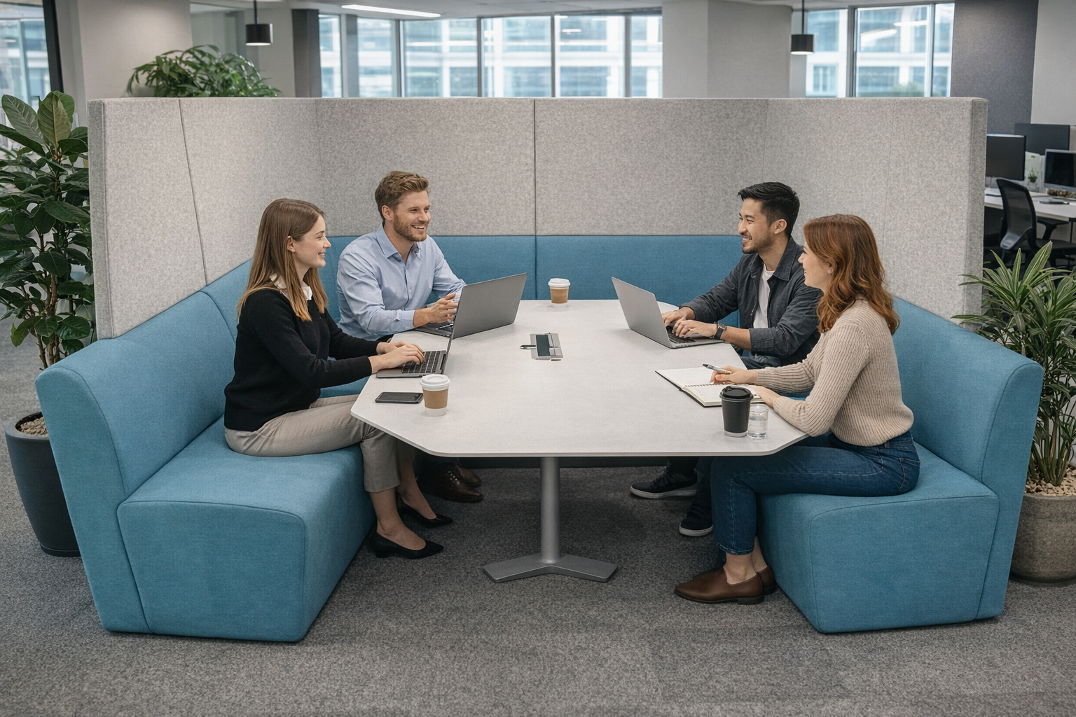 Orangebox: Grey and Teal Away From The Desk (AFTD) Enclosed High-Back Booth - Refurbished