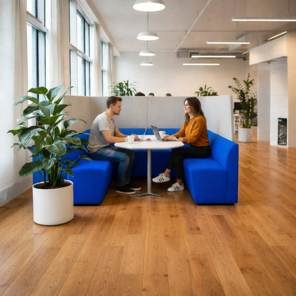 Orangebox: Light Grey and Bright Blue Away From The Desk (AFTD) Enclosed High-Back Booth - Refurbished
