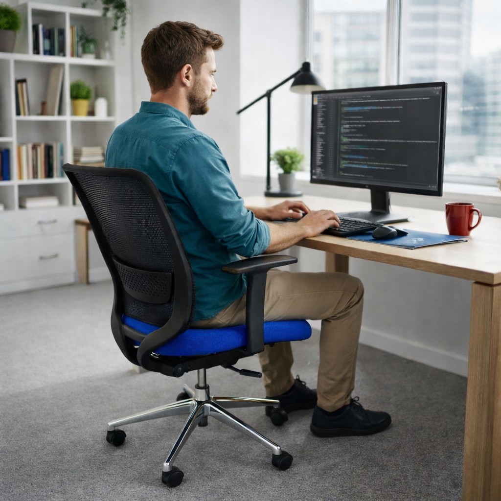 Chaise Saxen Don't Task en tissu bleu - Remis à neuf