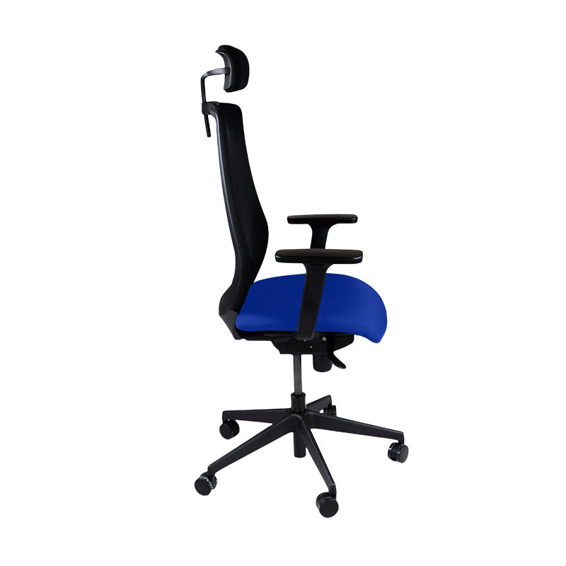 Saxe : <tc>Scudo</tc> Chaise de travail avec assise en tissu bleu et appui-tête - Reconditionnée