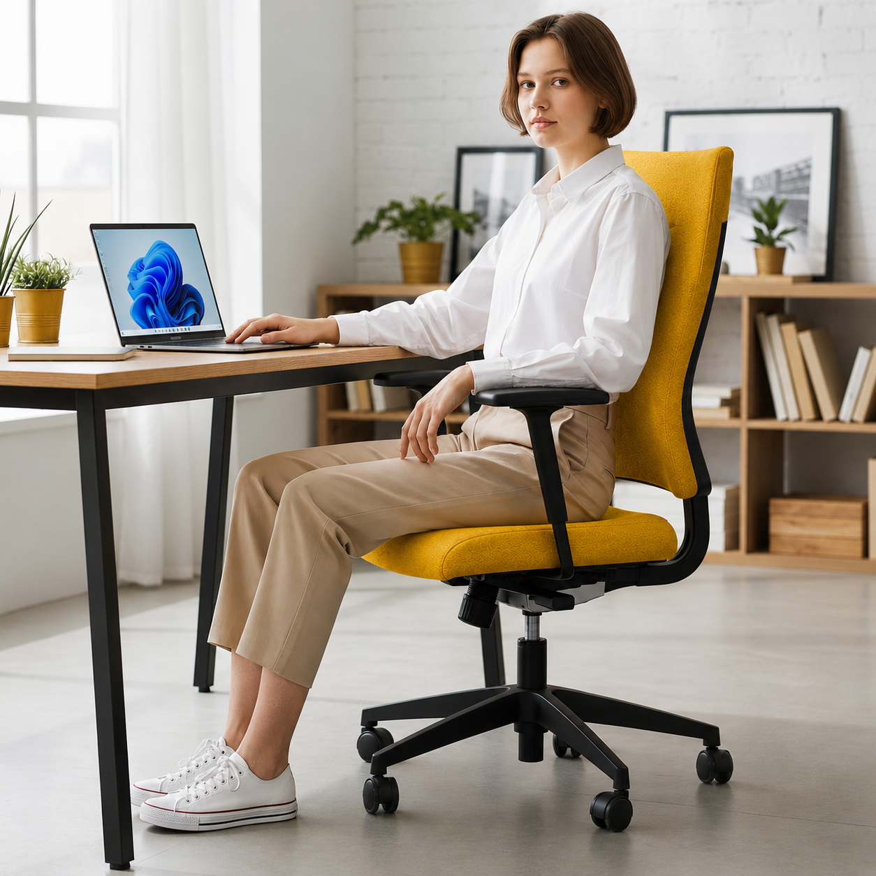 <tc>Sedus</tc>: <tc>Quarterback</tc> Chaise de bureau en tissu jaune avec dossier en tissu jaune - Remis à neuf