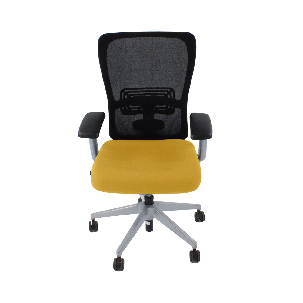 <tc>Haworth</tc>: <tc>Zody Comforto</tc> Chaise de bureau 89 en tissu jaune/cadre gris - Reconditionnée