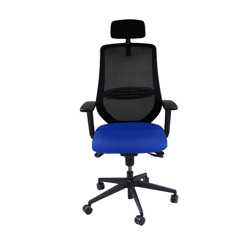 The Office Crowd : Chaise de travail Scudo avec siège en tissu bleu avec appui-tête - Remis à neuf