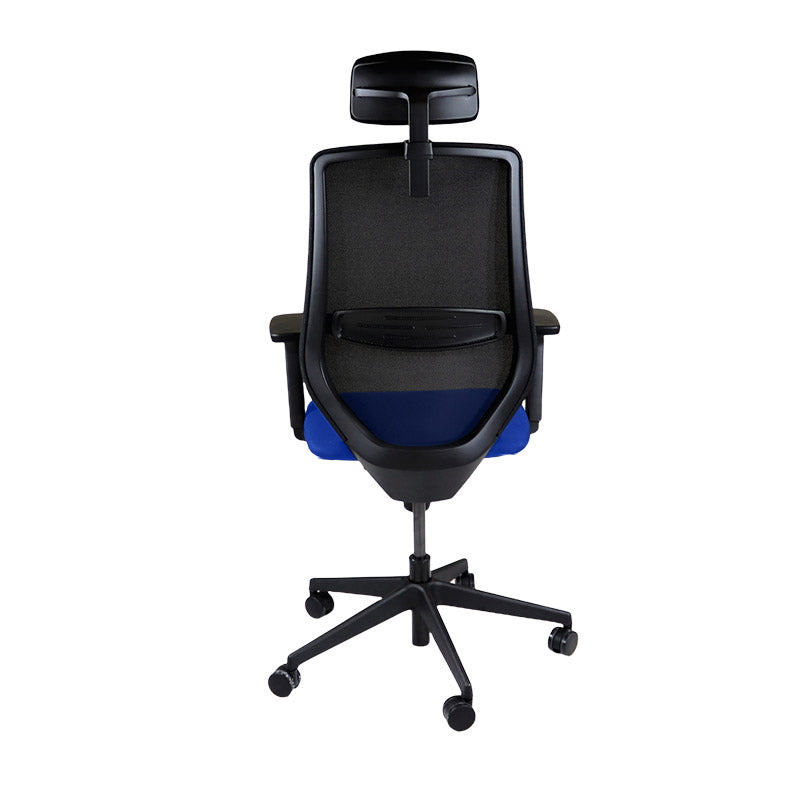 The Office Crowd : Chaise de travail Scudo avec siège en tissu bleu avec appui-tête - Remis à neuf